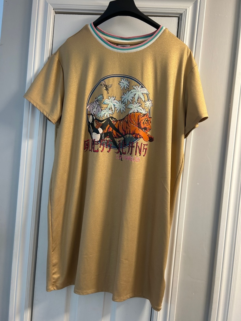 Guess Gold Graphic Tiger Tee Dress with Pink & Teal Trim